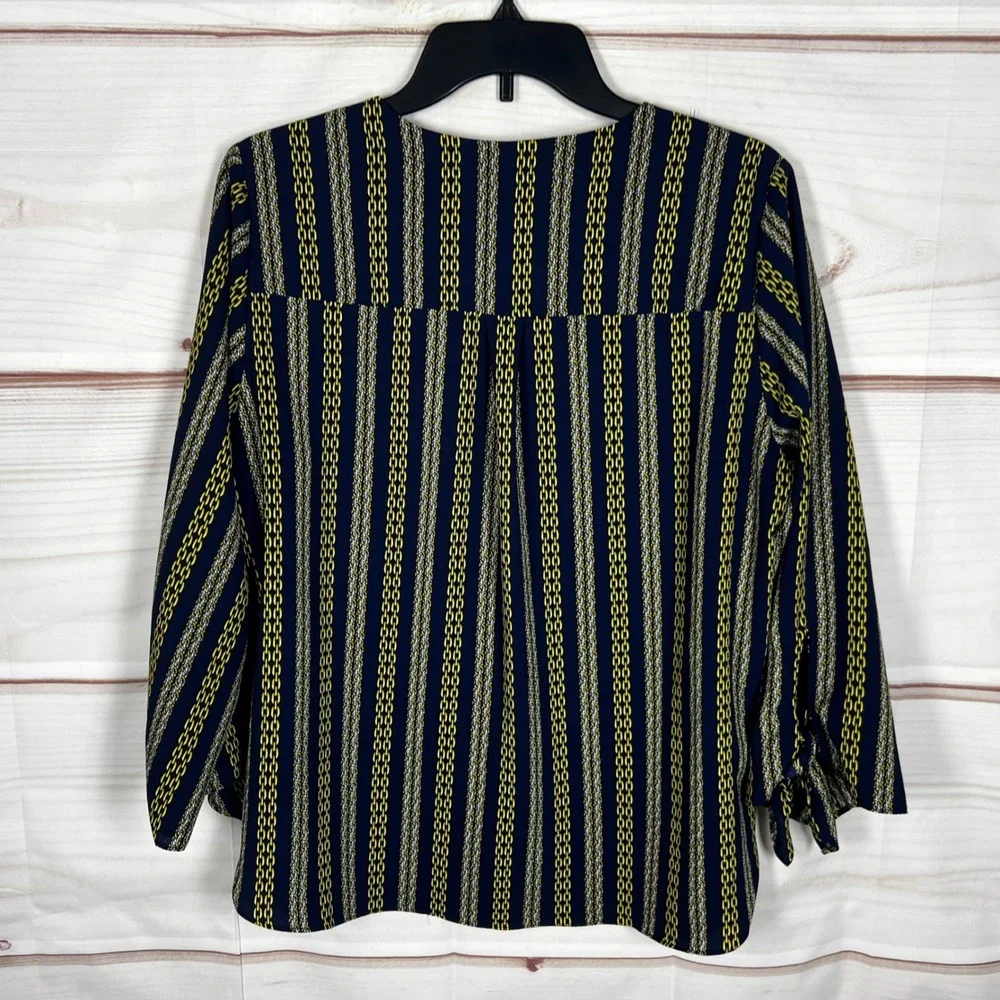 Michael Kors Chain Print Blouse Womens L Blue Gold V-Neck Tie Sleeve Top Office